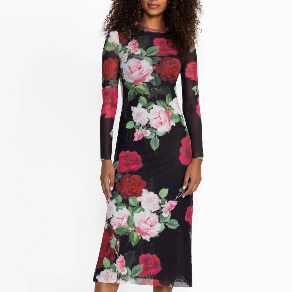 Jade by Johnny Was Lolia Lightweight Mesh Vibrant Rose Print Boho Midi Dress XS
